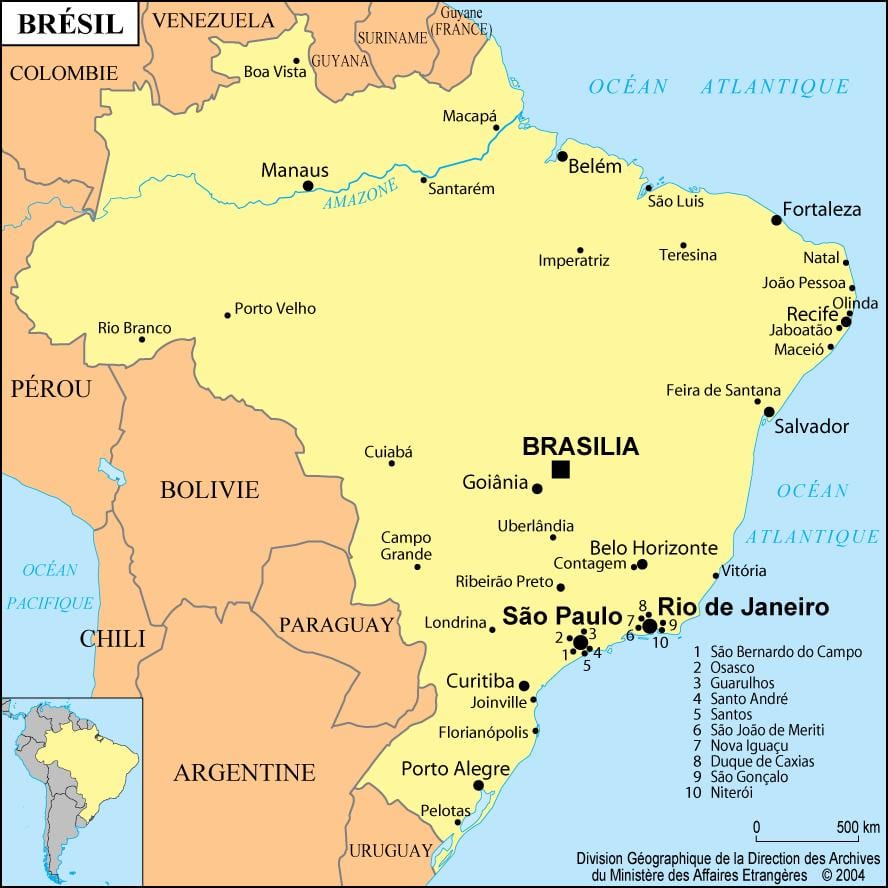 地図のブラジルを示すリオデジャネイロ